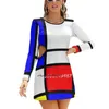Casual Dresses Mondrian Flare Dress Square Neck Elegant Female Fashion Printed Piet Composition Famous Red Yellow Blue