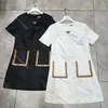 Trendy Summer Designer Dress Round Neck Dresses Double Pocket Contrasting Leather Triangular Decoration Women's Clothing