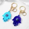 Keychains Lanyards Resin Evil Eye Hamsa Hand Vis Keychains Beyring voor vrouwen Men Retro Fatima Hand Turkse Lucky Blue Eye Bag autobox Accessoires Y240417