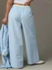 Calça feminina cronstyle feminino impressão listrada de listrada de cintura elástica e elástica listrada Botões frontal Loupers Lounge Wid Pernas Party Sleepwear 2024