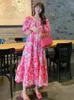 Vestidos casuais mulheres florais doces estilo francês Fairycore Midi High Street Estética Estética Hipster Temperament Summer Puff Sleeve