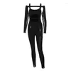 Kobiety Jumpsuits Solidny kolor pusty kombinezon Hollow-Out Hollow-Out Curting Long Rleeve