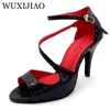 ダンスシューズWuxijiao 2024 Red Black Crocodile Texture Pu Women's Latin High Heel Sandals Salsa Party