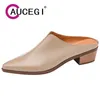 Scarpe eleganti aucegi 2024 delicati sandali in pelle autentica delicata donna con punta di punta di piedi tacchi quadrati muli signore vetrini casual albicocche