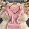 Women Slim Knitted Dress V Neck Short Sleeve Elastic Sheath Mini Dresses Summer Sexy Bodycon Streetwear Short Sundress Outfits 240415