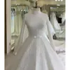 Düğün Boncuklu Elbise Dantel Müslüman Mütevazı Uzun Kollu Bir Çizgi Gelin Gowns Yüksek Boyun Kat Uzunluğu İslami 2022 Gelin Elbiseler Özel Yapım ES