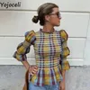 Women's Blouses Yojoceli Fitness Summer Plaid Shirred Blouse Round Neck Ruffle Casual Crop Tops Elegant Sweet T Shirt Women Blusas