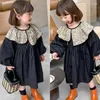 Vestidos de menina colarinho de boneca de flores vestidos crianças roupas de bebê preto outono para fora de casa de festas escolar uniforme de algodão 2-6y