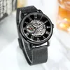 Armbandsur Forsining Classic Retro Mechanical Watches Luminous Hands Luxury Skeleton Watch for Men Black Mesh rostfritt stål Rem klocka