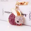 Keychains Lanyards Dalaful Lovely Rabbit Full Crystal Keychains Keyrings Key Chains Purse Bag Pendant For Car Women llaveros Lindo Chaveiro K251 Y240417