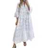 Casual Dresses Elegant Dress Embroidery Lace Maxi V-neck 3/4 Flared Sleeve Hollow Out Flower Pattern Ruffle Stitching Hem