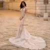 Lace Appliques Cathedral Train Mermaid Wedding Dresses 2022 V-Neck Button Back Tulle Bridal Gown Gorgeous BES121
