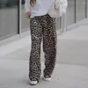 Calça feminina feminina feminina leopardo de perna larga perna larga para as calças elásticas da cintura elástica de arranha-céus