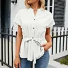 Blusas para mujeres Manga corta Manija pura Color de color Puro Botón Camisa irregular Fashion V Camas de cuello Algodón Summer Slim Blouse