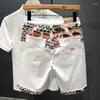 Heren shorts shorts zomer knielange stiksels gescheurde retro zwarte kwaliteit jeans witte borduurwerk denim high fashion blauw