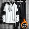 Knited Suit Mens Autumn Fleece Hooded Sweater Two-piece Set Korean Slim Nine Leggings Sports