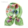 Luxury 100% twill silk scarf women headband printing green flower 65cm square bandana foulard ladies hair scarves headscarf warp 240408