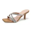 Talltor Square Toe Rhinestone Cross Strap Women's Sandals Stiletto High Heels Solid Color Hollow Slip On Slides Fashion Summer