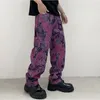 Herr jeans y2k streetwear senaste design jacquard lila tryckt vänd fransar rak passform i full längd byxor