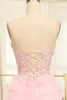 Party Dresses Pink A-Line Strapless Tiered Long Corset Prom Dress With Lace Spaghetti Straps Applique Sweetheart Sweep Train