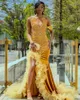 Gold Sparkly Mermaid Prom Birthday Gala Dresses for Black Girl 2024 Luxury Diamond Crystal Slit Evening Occasion Ceremony Dress