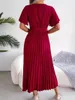 Party Dresses Women Pleated Midi Long Dress V Neck Short Flounce Sleeve Elegant Belted Big Hem Solid Color