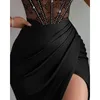 Casual Dresses 2024 Spring Summer Sexy Women's Clothing Dress Black Rhinestone Satin Stitching spetsbälte tätt kjol