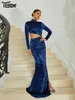 Casual Dresses Yesexy 2024 Blue Cutout Round Neck Long Sleeved Velvet Split Evening Wedding Birthday Party Dress