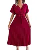 Party Dresses Women Pleated Midi Long Dress V Neck Short Flounce Sleeve Elegant Belted Big Hem Solid Color