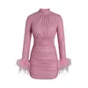 2024 Women's Mesh Sexy Club Dress Stand Collar Press Drill Feather Casual Slim Banquet Jurken CGD001