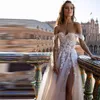 Boho Lace-applikationer Tulle Wedding Dress for Women 2022 Sexig strand från axeln High Side Split A-line rygglös brudklänning BES121