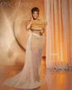 2024 Aso Ebi Gold Illusion Mermaid Prom Dress Sequined Feathers Evening Formal Party Second Reception 50th Birthday Engagement Gowns Dresses Robe De Soiree ZJ4022