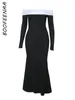 Casual Dresses BOOFEENAA Black Off Shoulder Long Sleeve Fishtail Dress Elegant Sexy Evening Party Maxi For Women 2024 Autumn C69-DZ34