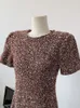 Feestjurken High End Elegant Solid Solid One-Piece Frocks Short Sleeve Chic Women Slim A-Line Dress-pailletten Sparkly Office Lady American Vintage