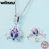 Cluster anneaux wostu 925 sterling Silver Bi Color Lotus Flower Ring For Women Drop Purple Rose Crystal Opening Wedding Party Bijoux Gift