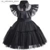 Abiti da ragazza mercoledì Adams Baby Girl Dress Summer Mesh Princess Ball Ball Party Performance Costume Abbigliamento per bambini 1 2 3 4 5 6 anni Q240418