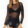 2024 Spring and Automne Black Transparent Bottom Bottom Women's Long Man manage sexy à manches minces mince en maille super élastique F41810