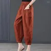 Calças femininas Moda bolsos de cor sólida Bloomers Roupas de cintura alta 2024 verão elástico solto casual cortado