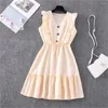 Casual Dresses Summer Yellow V-hals Ruffled Patchwork Lace Up Dress Women Solid Color Sleeveless A-Line Bohemian Mini 2024