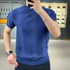 Summer Men Knit Ice Silk T-shirts Wysokiej jakości solidne, żakardowe paski z krótkim rękawem T-neck TEE TEE MENS CIENNE T-shirt 240416