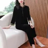 Women's Two Piece Pants 2024 Silk Vintage Chinese Velvet Solid Color Set Long Sleeve Shirt Top Mom's Slim