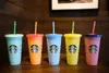 water bottle Starbucks Mug 24oz/710ml Plastic Tumbler Reusable Black Drinking Flat Bottom Cup Pillar Shape Lid Straw 100PCS shipped by DHL L48