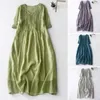 Casual Dresses Women Summer Dress Pleated Short Sleeves Solid Color V Neck Loose A-line Retro Double-layered Soft Breathable Midi