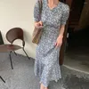 Casual Dresses Long-sleeved Dress Loose Waistline Elegant V-neck Floral Print A-line Midi With Fishtail Hem Soft For Women