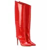 2024 Lady Sheepskin Patent Leather Stiletto High Heels Knight Boots Pleated Over-Knee dragkedja Kvinnor lårhöga långa stövlar Pille Toe Bröllopskor Big Size 34-48