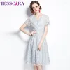 Party Dresses Tesscara Women Summer Elegant Blue Lace Dress Festa High Quality Office Robe Femme Runway Vintage Designer A-Line Vestidos