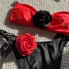 Kvinnors badkläder 2024 Kvinnor Sexig 2 bit 3D Flower Rose Bikini Tie Back High Cut Bikini Set Swimsuit Bathing Suit Beachwear