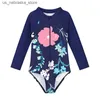 Jednoczęściowe dzieci dziewczęta kąpielowe nadruki kwiatowe letnie Jumps z długim rękawem ubrania plażowe ubrania dziecięce stroje kąpielowe all-one Swimsuits Q240418