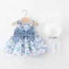 Robes de fille bébé filles grosses fleurs arc robe imprimée chapeau d'été 2pcs costumes