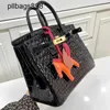 Women Brkns Handtasche Echtes Leder 7A Handswen High Gloss Pearl Crocodile Haut Gold 25 cm schwarz High-Endc56n